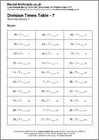 Division Times Table - 7 Worksheet - Free printable PDF maths worksheets from Mental Arithmetic