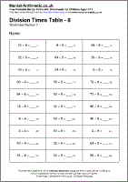 Division Times Table - 8 Worksheet - Free printable PDF maths worksheets from Mental Arithmetic