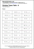 Division Times Table - 9 Worksheet - Free printable PDF maths worksheets from Mental Arithmetic