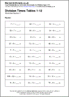 Division Times Tables 1-12 Worksheet - Free printable PDF maths worksheets from Mental Arithmetic