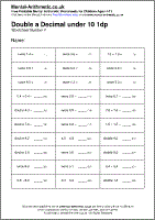 Double a Decimal under 10 1dp Worksheet - Free printable PDF maths worksheets from Mental Arithmetic