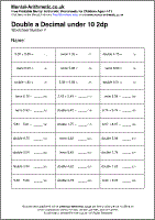 Double a Decimal under 10 2dp Worksheet - Free printable PDF maths worksheets from Mental Arithmetic