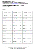 Doubling Numbers from 10-50 Worksheet - Free printable PDF maths worksheets from Mental Arithmetic