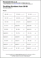 Doubling Numbers from 50-99 Worksheet - Free printable PDF maths worksheets from Mental Arithmetic