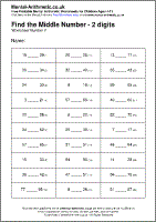 Find the Middle Number - 2 digits Worksheet - Free printable PDF maths worksheets from Mental Arithmetic