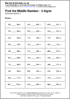 Find the Middle Number - 3 digits Worksheet - Free printable PDF maths worksheets from Mental Arithmetic