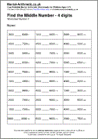 Find the Middle Number - 4 digits Worksheet - Free printable PDF maths worksheets from Mental Arithmetic