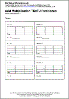 Grid Multiplication TUxTU Partitioned Worksheet - Free printable PDF maths worksheets from Mental Arithmetic
