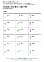 Half of a Number under 100 Worksheet - Free printable PDF maths worksheets from Mental Arithmetic