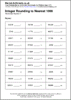 Integer Rounding to Nearest 1000 Worksheet - Free printable PDF maths worksheets from Mental Arithmetic