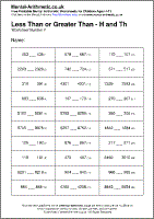 Less Than or Greater Than - H and Th Worksheet - Free printable PDF maths worksheets from Mental Arithmetic