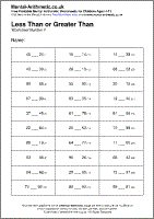 Less Than or Greater Than Worksheet - Free printable PDF maths worksheets from Mental Arithmetic