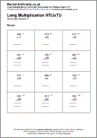 Long Multiplication HTUxTU Worksheet - Free printable PDF maths worksheets from Mental Arithmetic