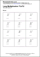 Long Multiplication TUxTU Worksheet - Free printable PDF maths worksheets from Mental Arithmetic