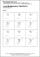 Long Multiplication ThHTUxTU Worksheet - Free printable PDF maths worksheets from Mental Arithmetic