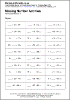 Missing Number Addition Worksheet - Free printable PDF maths worksheets from Mental Arithmetic