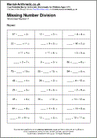 Missing Number Division Worksheet - Free printable PDF maths worksheets from Mental Arithmetic