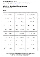 Missing Number Multiplication Worksheet - Free printable PDF maths worksheets from Mental Arithmetic