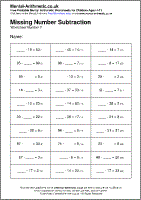 Missing Number Subtraction Worksheet - Free printable PDF maths worksheets from Mental Arithmetic