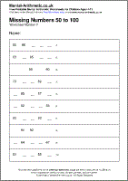 Missing Numbers 50 to 100 Worksheet - Free printable PDF maths worksheets from Mental Arithmetic