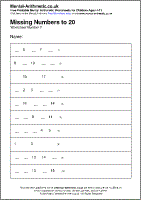 Missing Numbers to 20 Worksheet - Free printable PDF maths worksheets from Mental Arithmetic