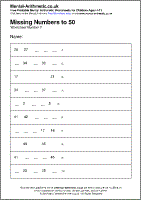 Missing Numbers to 50 Worksheet - Free printable PDF maths worksheets from Mental Arithmetic