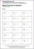 Mixed Fractions to Improper Worksheet - Free printable PDF maths worksheets from Mental Arithmetic