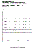 Multiplication - H00 x T0 or H00 Worksheet - Free printable PDF maths worksheets from Mental Arithmetic