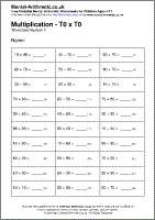 Multiplication - T0 x T0 Worksheet - Free printable PDF maths worksheets from Mental Arithmetic