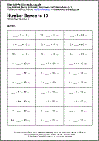 Number Bonds to 10 Worksheet - Free printable PDF maths worksheets from Mental Arithmetic