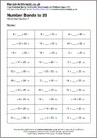Number Bonds to 20 Worksheet - Free printable PDF maths worksheets from Mental Arithmetic