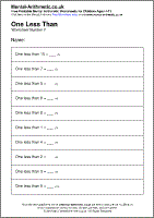 One Less Than Worksheet - Free printable PDF maths worksheets from Mental Arithmetic