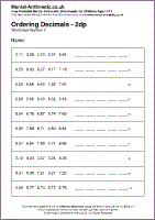 Ordering Decimals - 2dp Worksheet - Free printable PDF maths worksheets from Mental Arithmetic