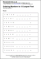 Ordering Numbers to 12 Largest First Worksheet - Free printable PDF maths worksheets from Mental Arithmetic
