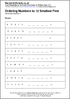 Ordering Numbers to 12 Smallest First Worksheet - Free printable PDF maths worksheets from Mental Arithmetic