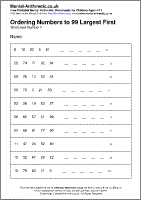 Ordering Numbers to 99 Largest First Worksheet - Free printable PDF maths worksheets from Mental Arithmetic