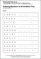 Ordering Numbers to 99 Smallest First Worksheet - Free printable PDF maths worksheets from Mental Arithmetic