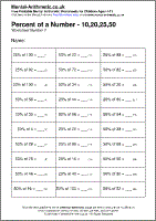 Percent of a Number - 10,20,25,50 Worksheet - Free printable PDF maths worksheets from Mental Arithmetic