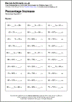 Percentage Increase Worksheet - Free printable PDF maths worksheets from Mental Arithmetic