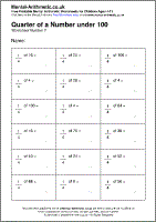 Quarter of a Number under 100 Worksheet - Free printable PDF maths worksheets from Mental Arithmetic