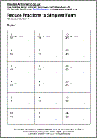 Reduce Fractions to Simplest Form Worksheet - Free printable PDF maths worksheets from Mental Arithmetic
