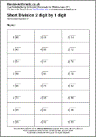 Short Division 2 digit by 1 digit Worksheet - Free printable PDF maths worksheets from Mental Arithmetic
