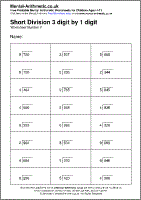 Short Division 3 digit by 1 digit Worksheet - Free printable PDF maths worksheets from Mental Arithmetic