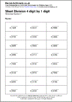 Short Division 4 digit by 1 digit Worksheet - Free printable PDF maths worksheets from Mental Arithmetic