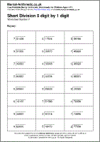 Short Division 5 digit by 1 digit Worksheet - Free printable PDF maths worksheets from Mental Arithmetic