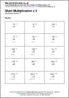 Short Multiplication x 3 Worksheet - Free printable PDF maths worksheets from Mental Arithmetic
