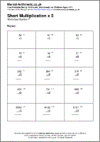 Short Multiplication x 5 Worksheet - Free printable PDF maths worksheets from Mental Arithmetic