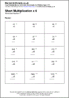 Short Multiplication x 6 Worksheet - Free printable PDF maths worksheets from Mental Arithmetic