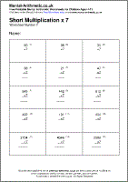 Short Multiplication x 7 Worksheet - Free printable PDF maths worksheets from Mental Arithmetic