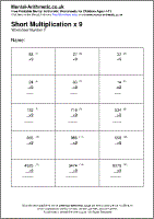 Short Multiplication x 9 Worksheet - Free printable PDF maths worksheets from Mental Arithmetic